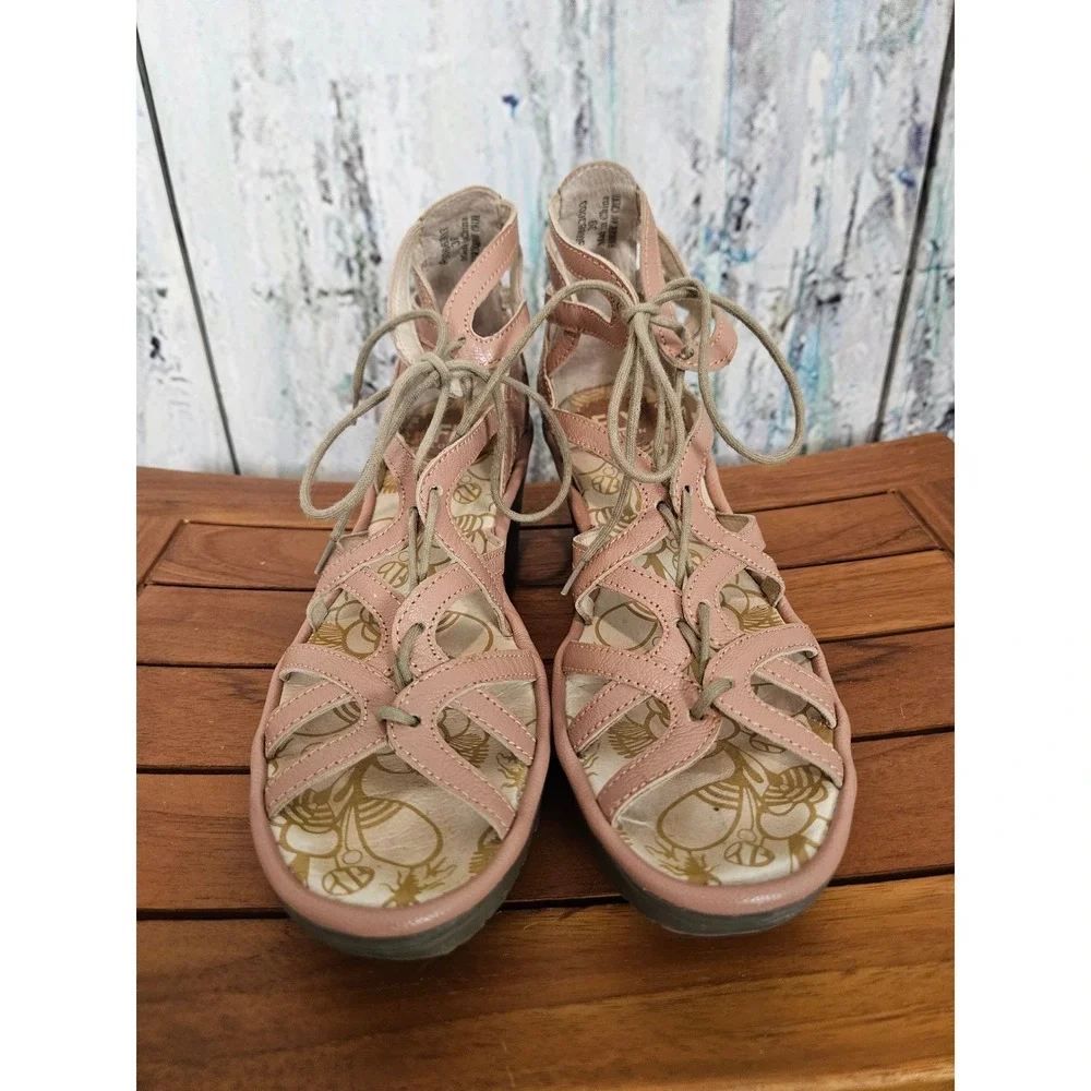 Fly London Wedge Sandals 39 Pink Leather Strappy Lace Up Gladiator Platform